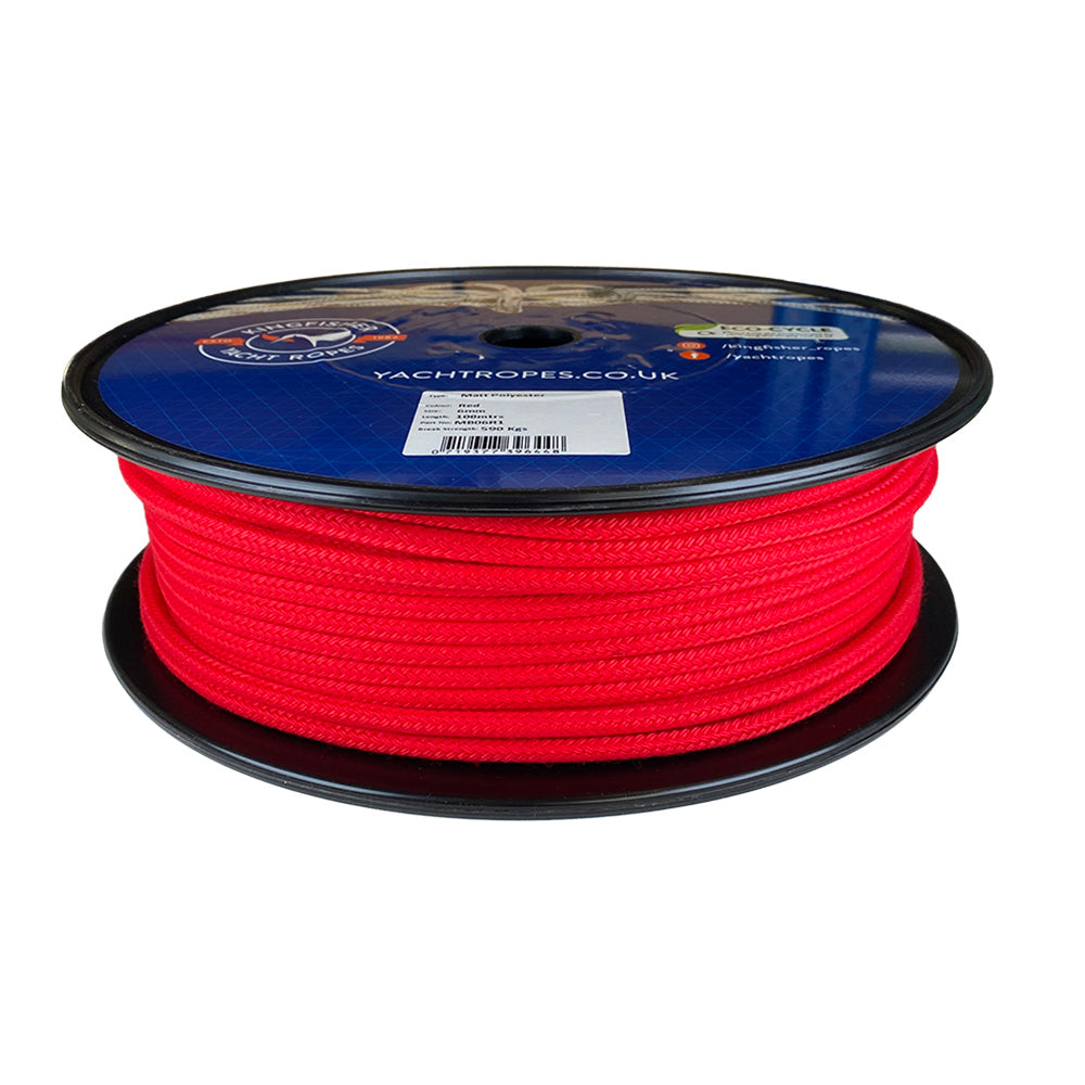 Spool of 6mm red matt polyester rope with a blue label on a white background