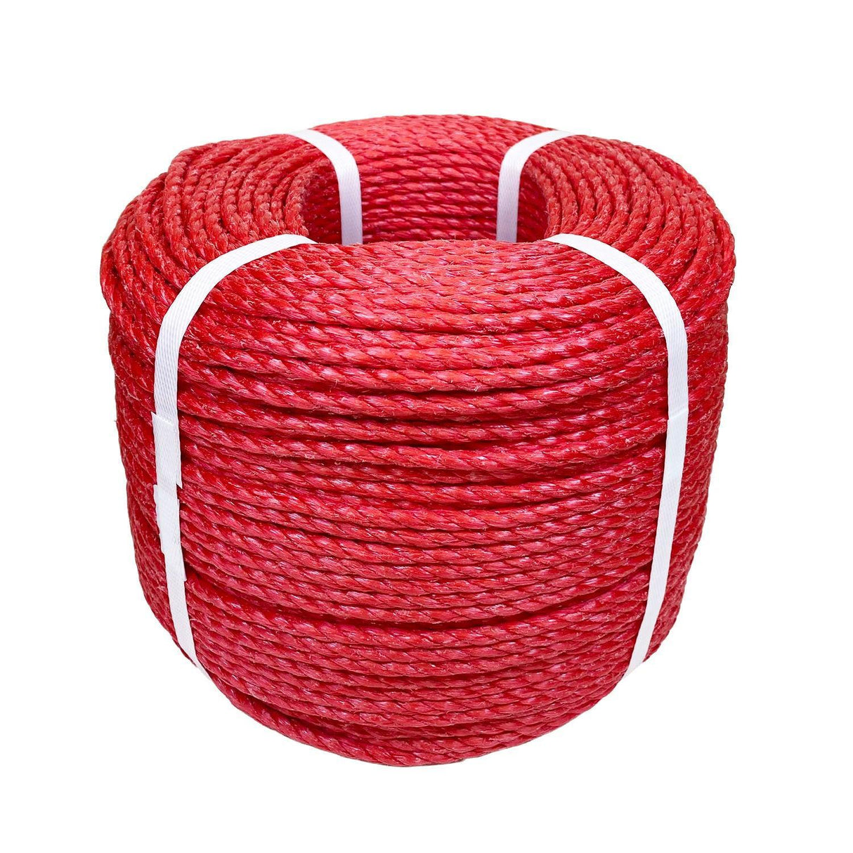 Coil of red polypropylene rope with white banding on a white background