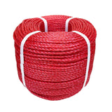 Coil of red polypropylene rope with white banding on a white background