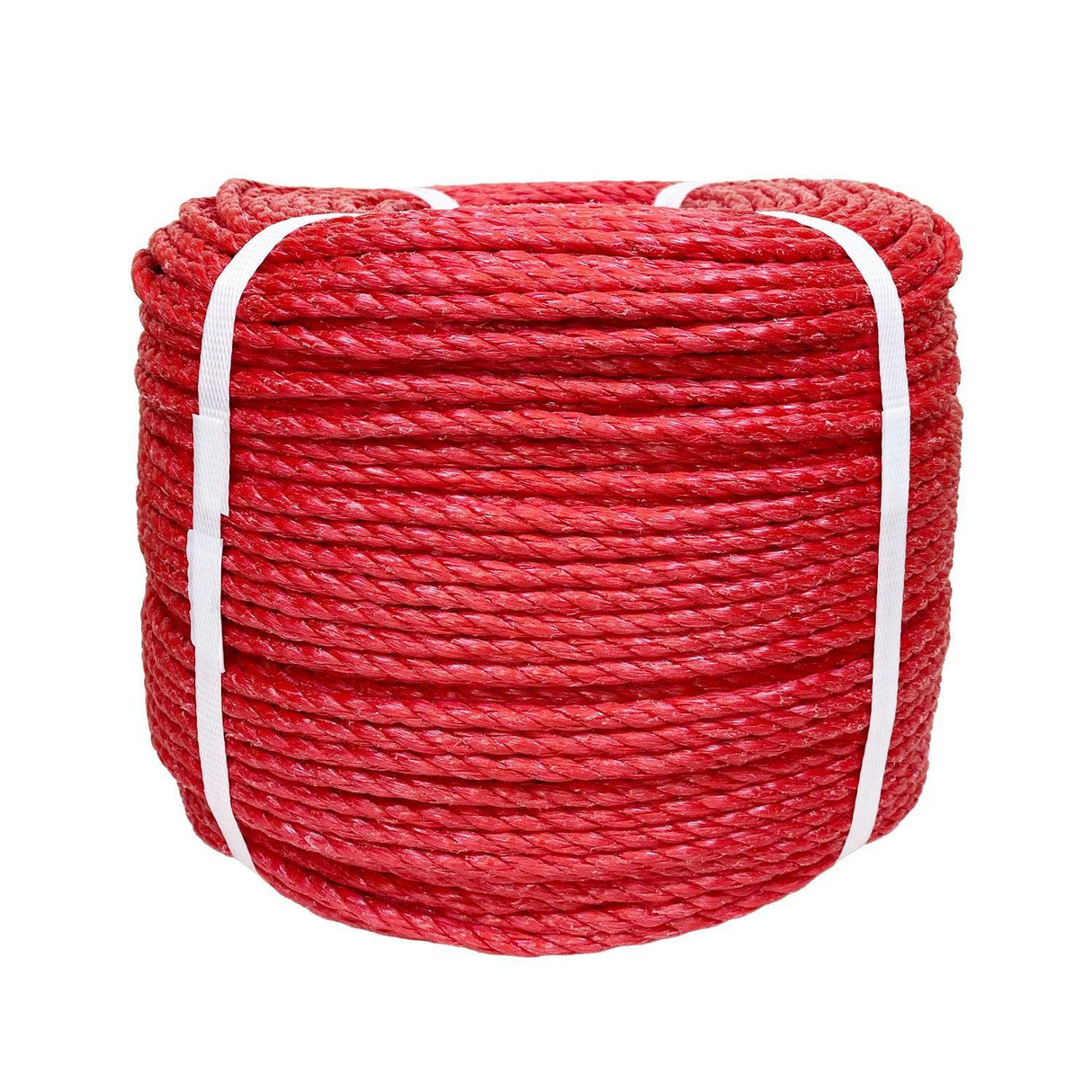 Coil of red polypropylene rope with white banding on a white background