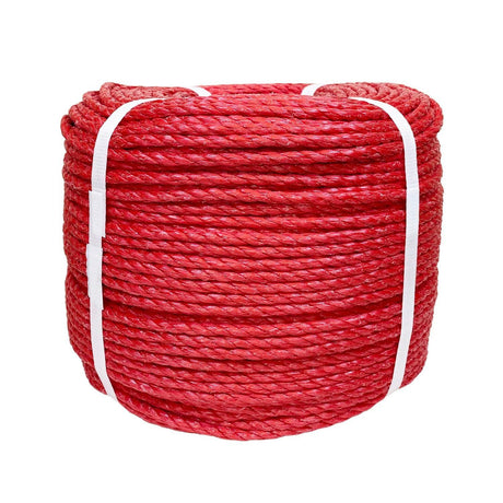 Coil of red polypropylene rope with white banding on a white background