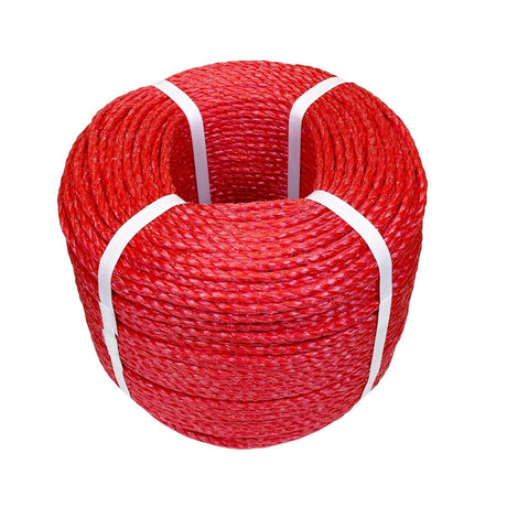 Coil of red polypropylene rope with white banding on a white background