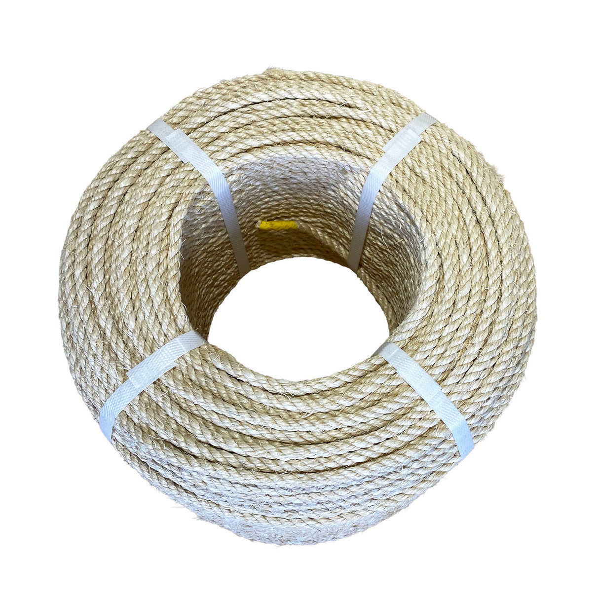 Coil of 6mm natural superior sisal rope tied with twine against a white background
