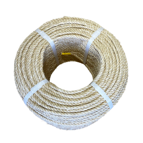 Coil of 6mm natural superior sisal rope tied with twine against a white background