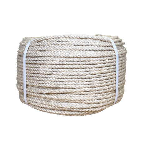 Coil of 6mm natural superior sisal rope tied with twine against a white background