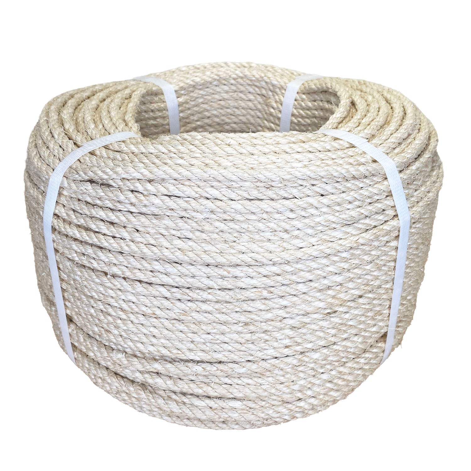 Coil of 6mm natural superior sisal rope tied with twine against a white background