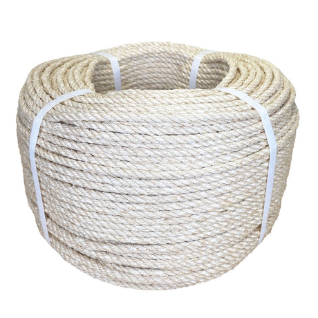 Coil of 6mm natural superior sisal rope tied with twine against a white background