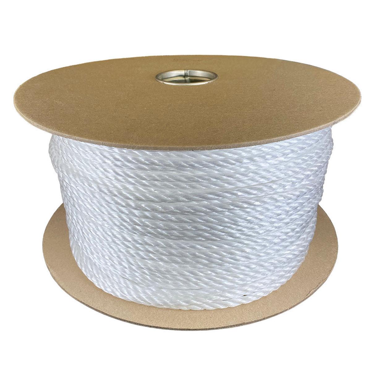 6mm white polypropylene rope on a cardboard reel with a white background