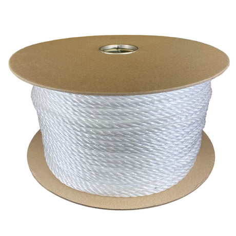 6mm white polypropylene rope on a cardboard reel with a white background