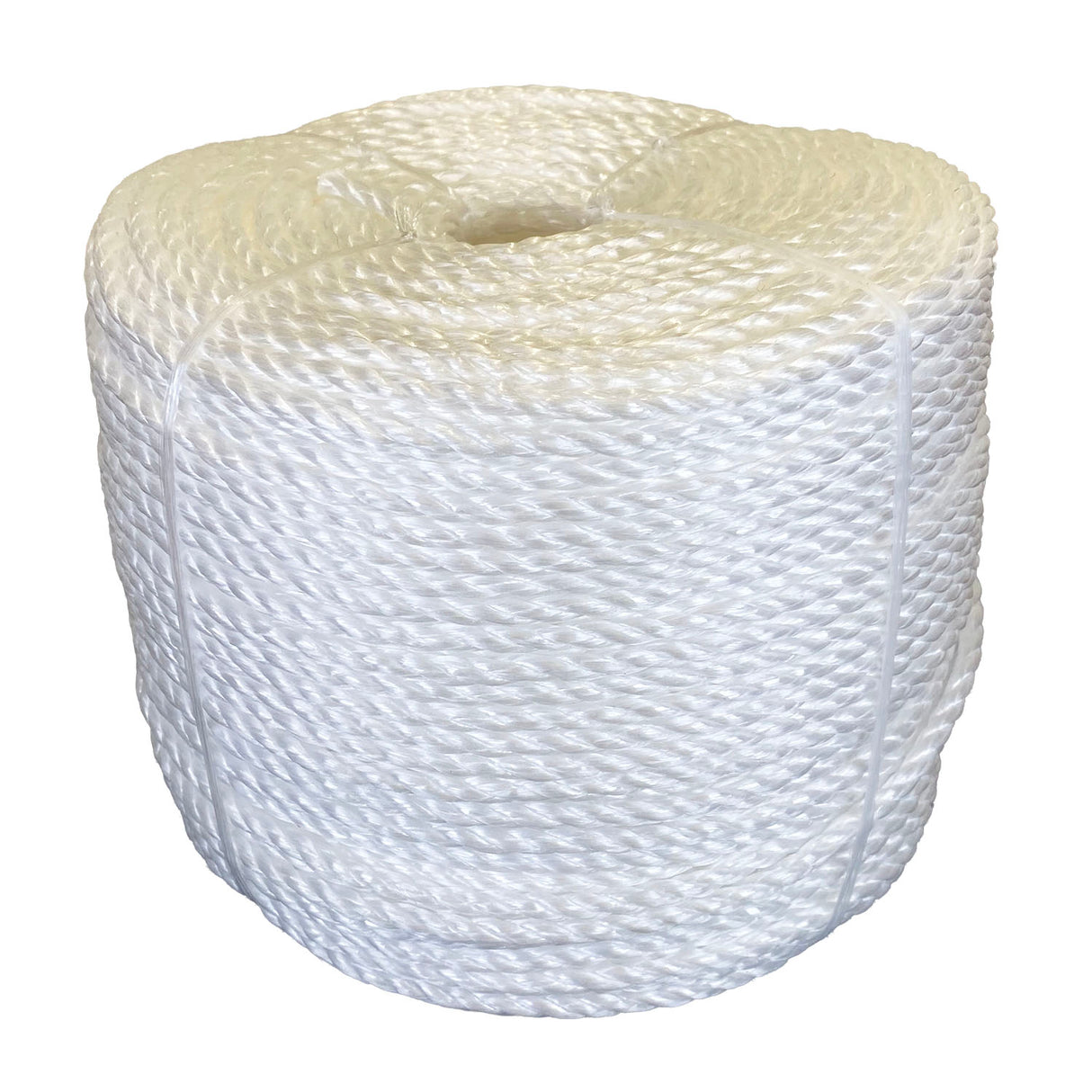 Coil of white polypropylene rope with white banding on a white background