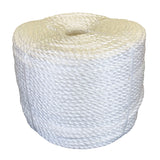 Coil of white polypropylene rope with white banding on a white background