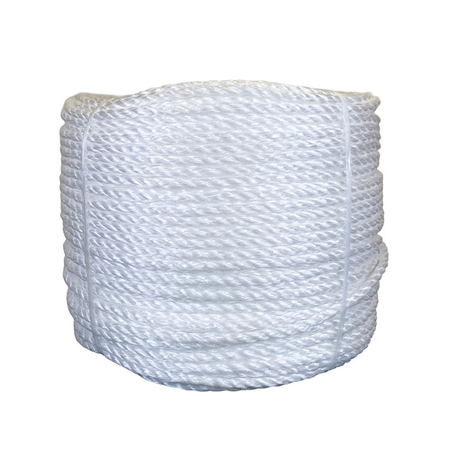 Coil of white polypropylene rope with white banding on a white background