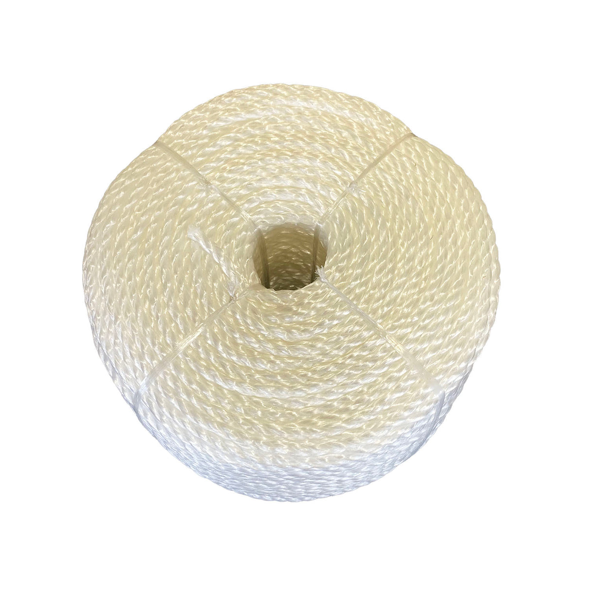 Coil of white polypropylene rope with white banding on a white background