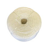 Coil of white polypropylene rope with white banding on a white background