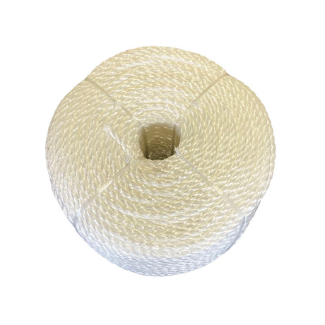 Coil of white polypropylene rope with white banding on a white background