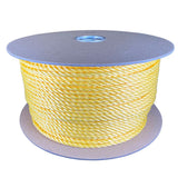 6mm yellow polypropylene rope on a cardboard reel with a white background