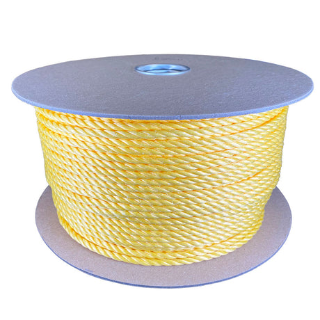 6mm yellow polypropylene rope on a cardboard reel with a white background