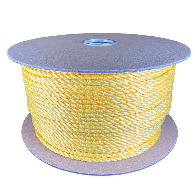 6mm yellow polypropylene rope on a cardboard reel with a white background
