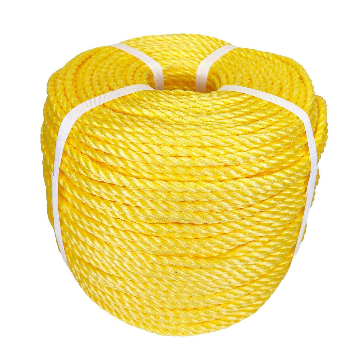 Coil of yellow polypropylene rope with white banding on a white background