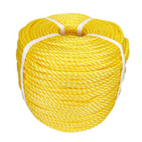 Coil of yellow polypropylene rope with white banding on a white background