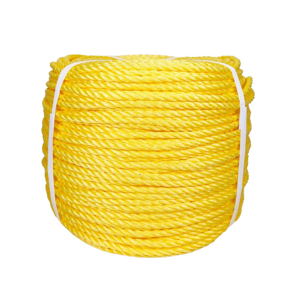 Coil of yellow polypropylene rope with white banding on a white background
