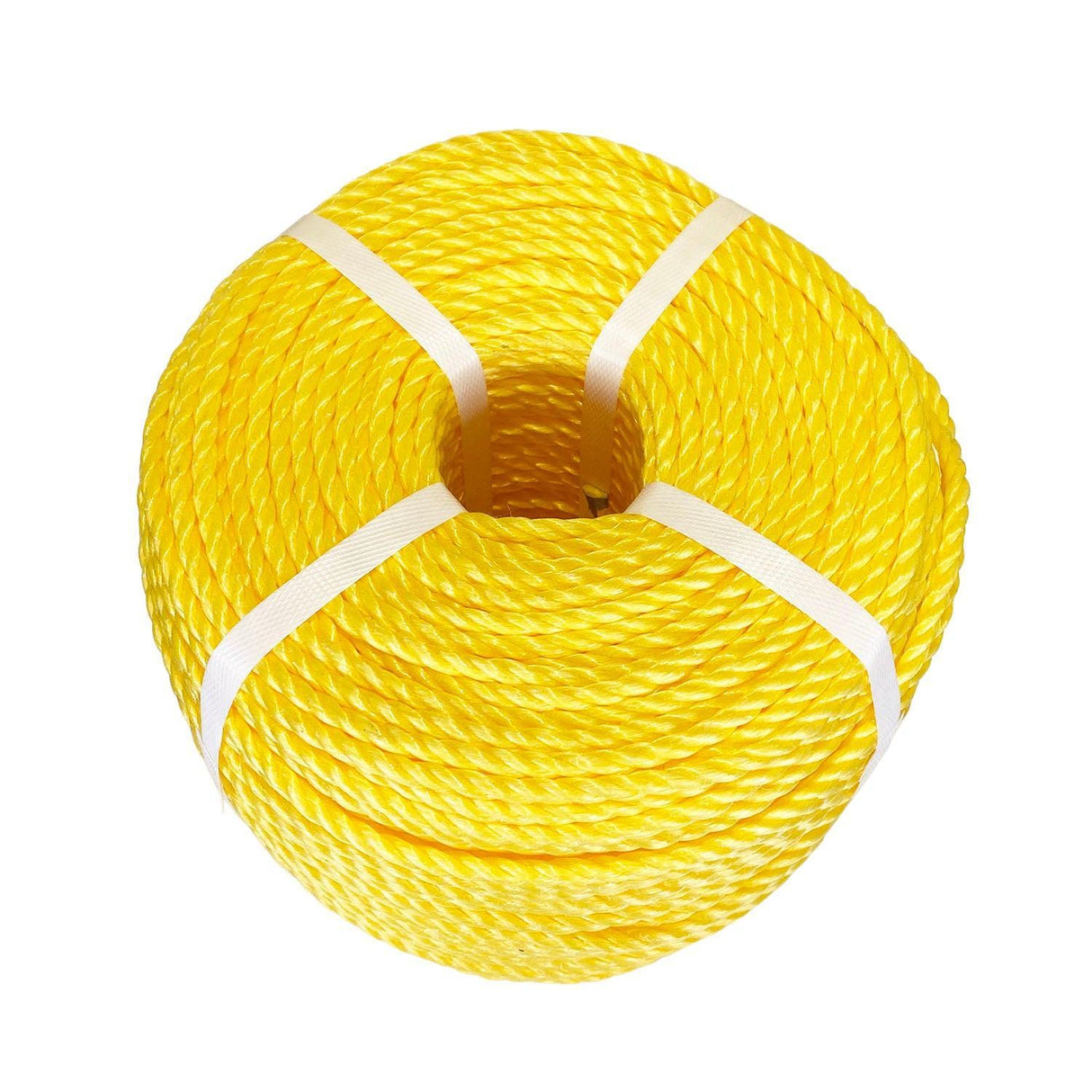 Coil of yellow polypropylene rope with white banding on a white background