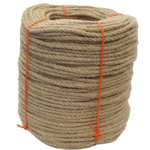 Coiled natural brown rope with orange binding on a white background