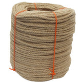 Coiled natural brown rope with orange binding on a white background