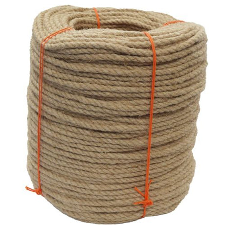 Coiled natural brown rope with orange binding on a white background