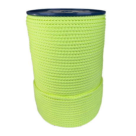 spool of 6mm fluro yellow braided cord on a plastic reel on a white background