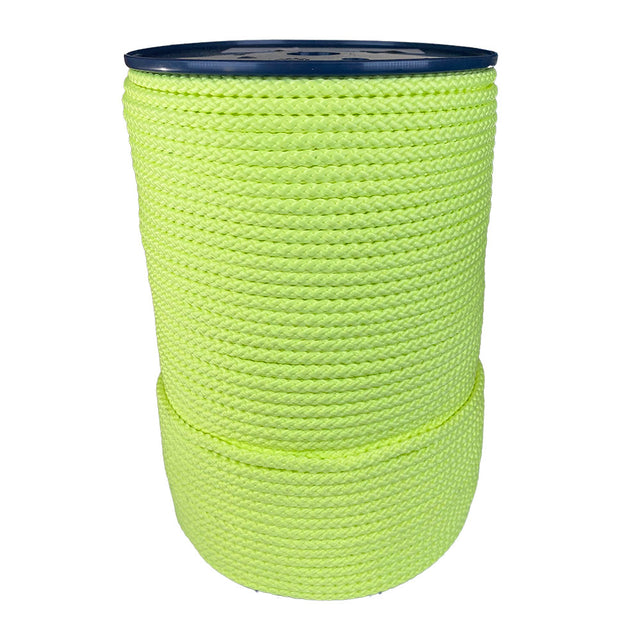spool of 6mm fluro yellow braided cord on a plastic reel on a white background
