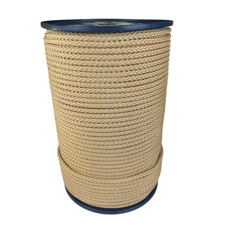 spool of 6mm beige braided cord on a plastic reel on a white background