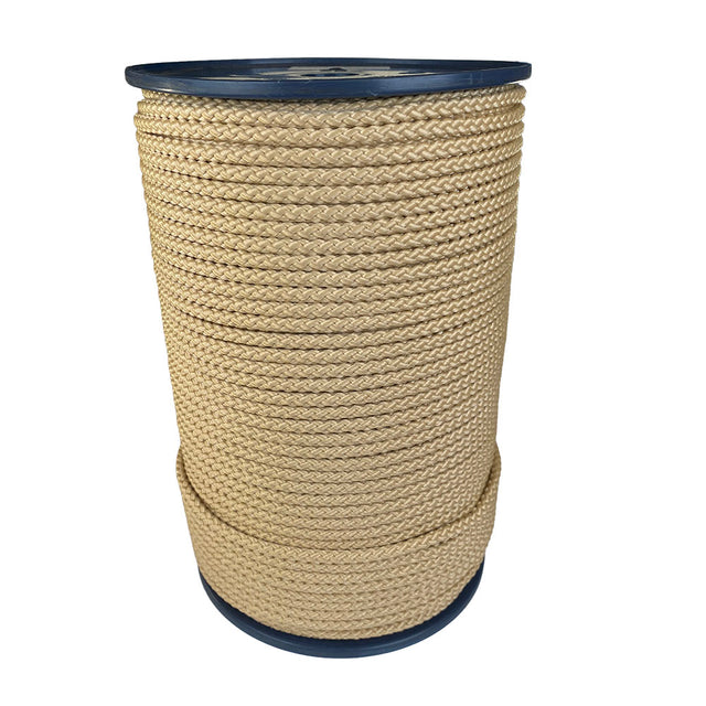 spool of 6mm beige braided cord on a plastic reel on a white background
