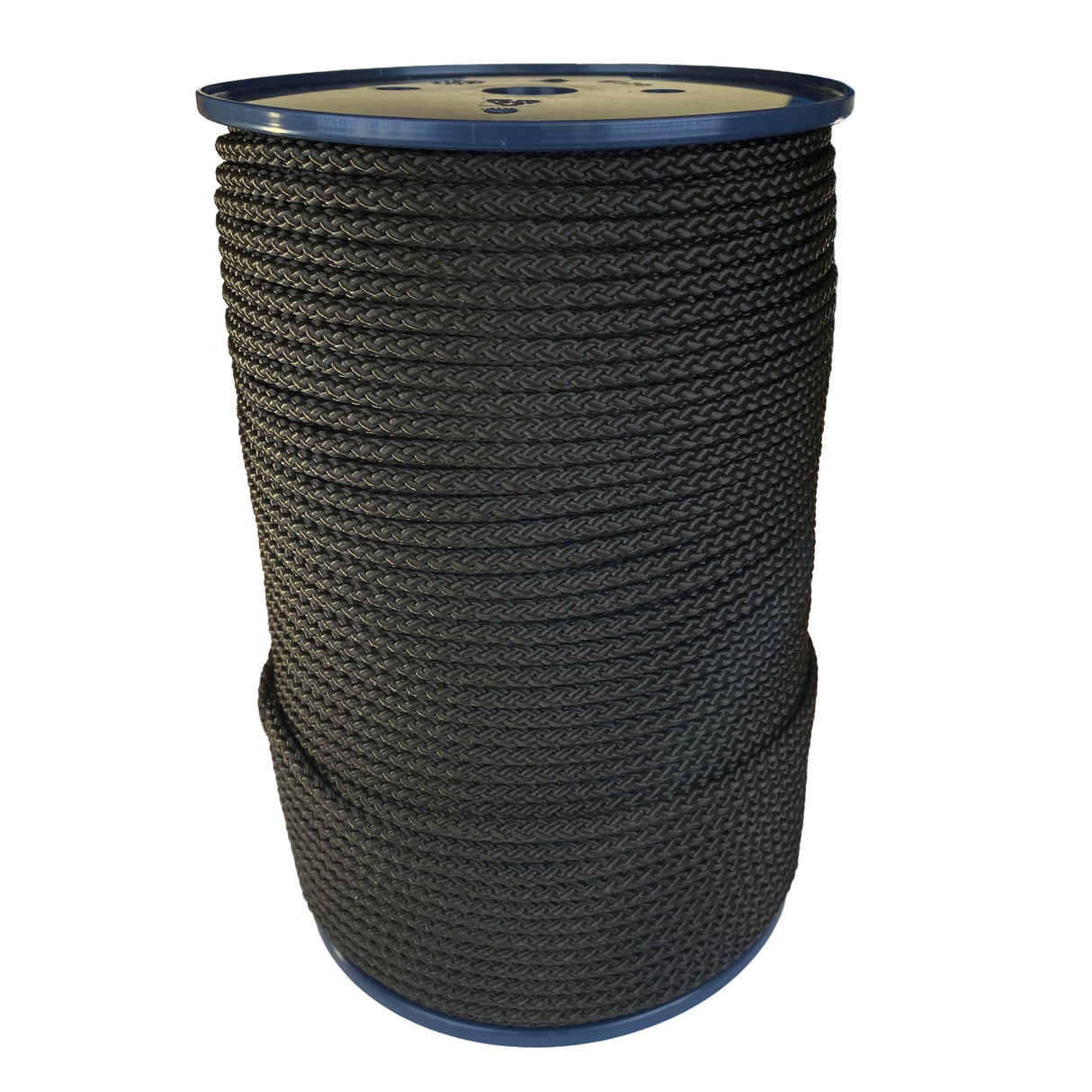 spool of 6mm black braided cord on a plastic reel on a white background