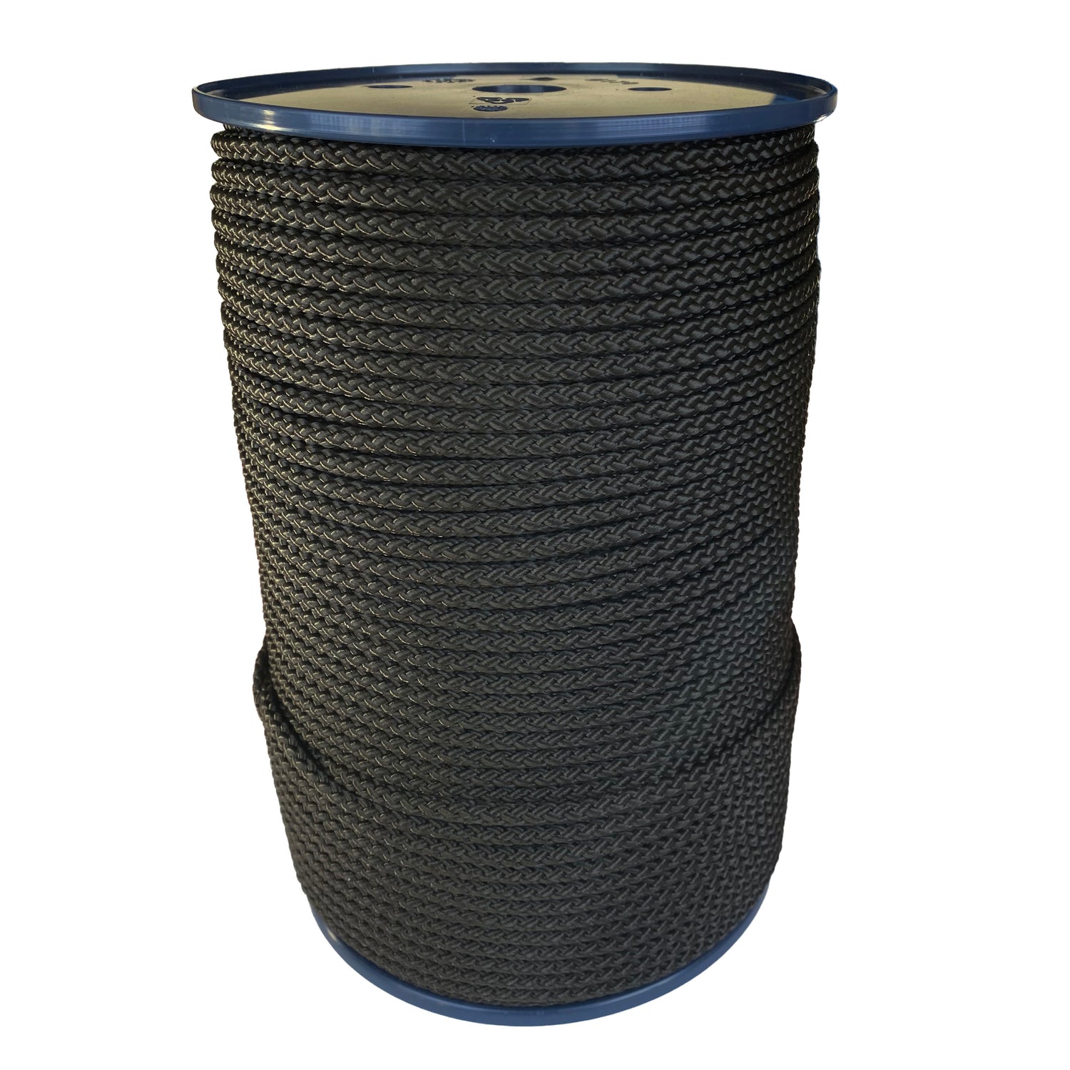 spool of 6mm black braided cord on a plastic reel on a white background