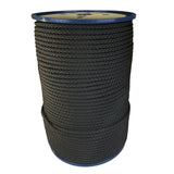 spool of 6mm black braided cord on a plastic reel on a white background