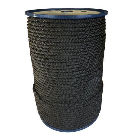 spool of 6mm black braided cord on a plastic reel on a white background