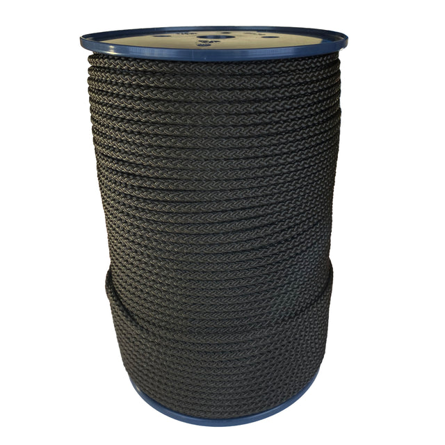 spool of 6mm black braided cord on a plastic reel on a white background