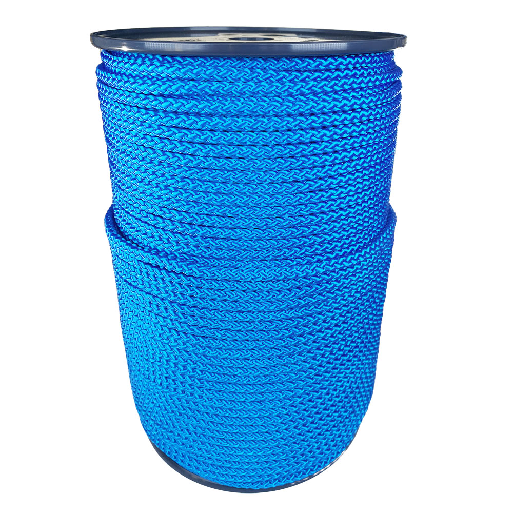 spool of 6mm blue braided cord on a plastic reel on a white background