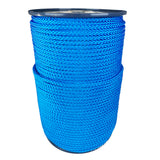 spool of 6mm blue braided cord on a plastic reel on a white background