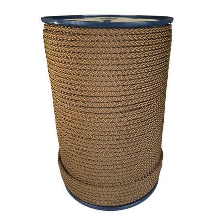 spool of 6mm brown braided cord on a plastic reel on a white background