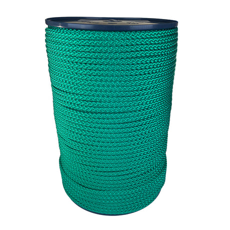 spool of 6mm green braided cord on a plastic reel on a white background