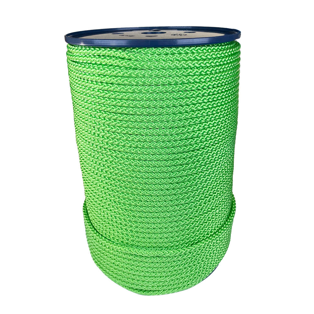 spool of 6mm lime green braided cord on a plastic reel on a white background