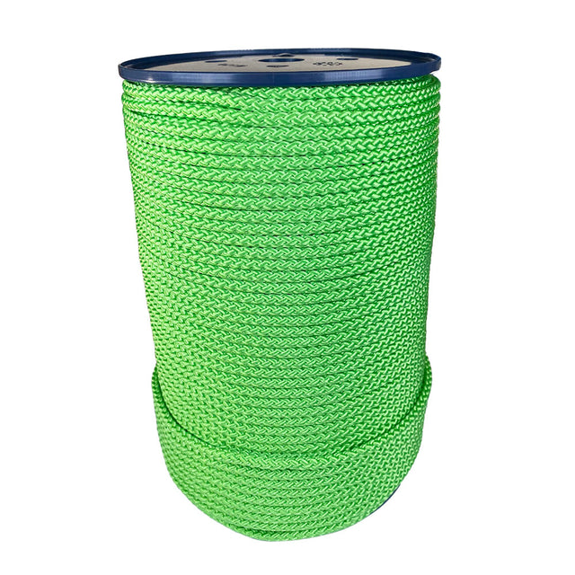 spool of 6mm lime green braided cord on a plastic reel on a white background