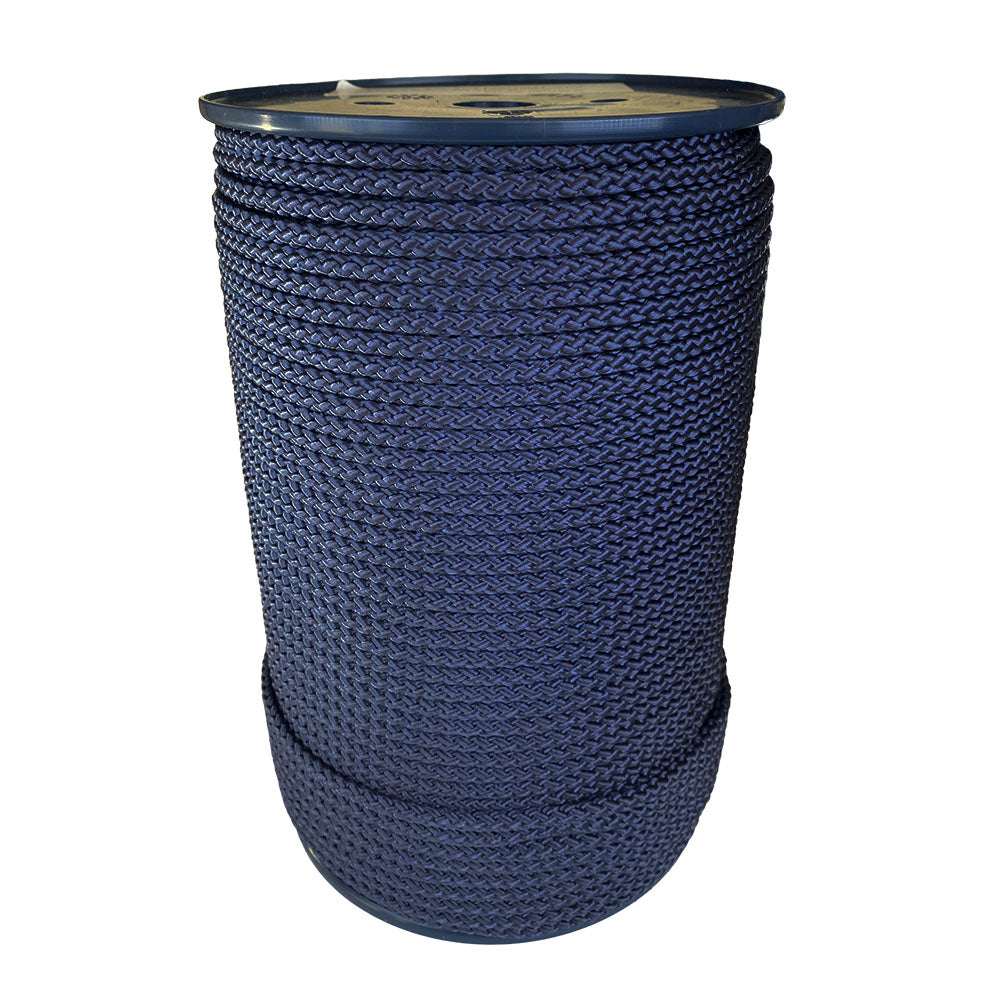 spool of 6mm navy blue braided cord on a plastic reel on a white background