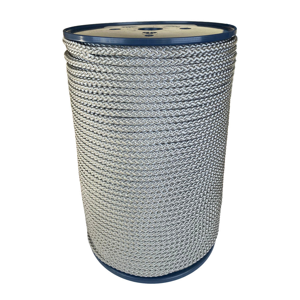 spool of 6mm silver braided cord on a plastic reel on a white background