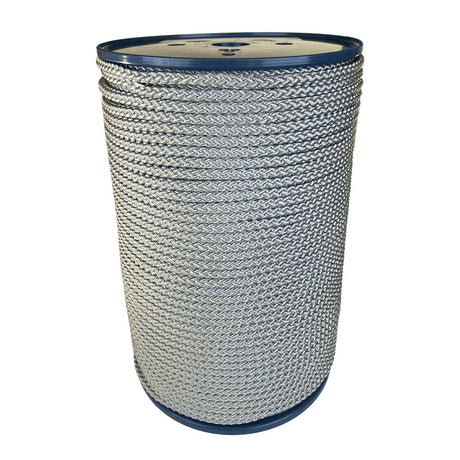 spool of 6mm silver braided cord on a plastic reel on a white background