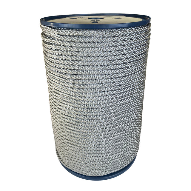 spool of 6mm silver braided cord on a plastic reel on a white background