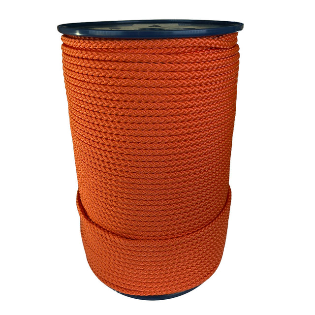 spool of 6mm orange braided cord on a plastic reel on a white background
