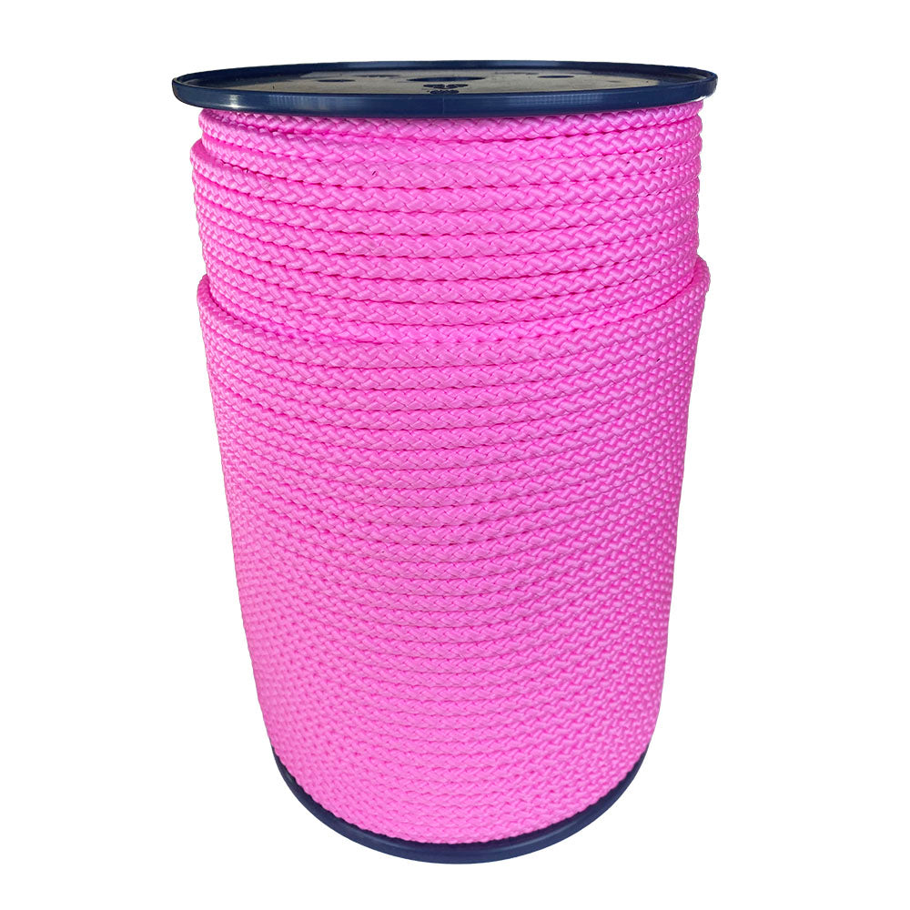 spool of 6mm pink braided cord on a plastic reel on a white background